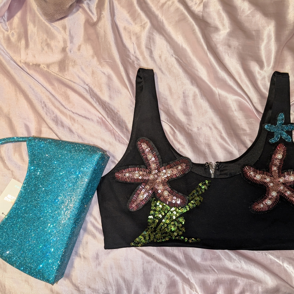 Forever 21 Black Crop Top with Sequin Starfish Design